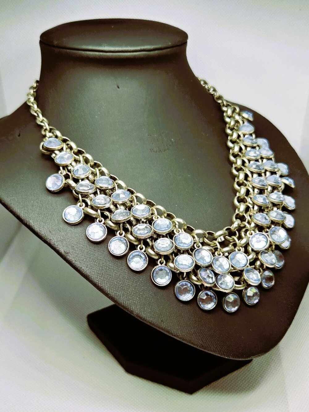 Silver Tone Blue Crystal Multi-Strand Statement Bib Necklace